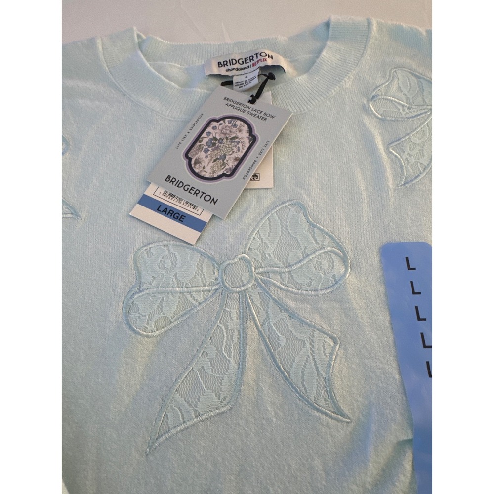 Bridgerton Netflix Womens L Blue Lace Bow Applique Sweater Coquette NWT